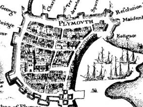 Detail of map of Plymouth, Devon circa 1600.