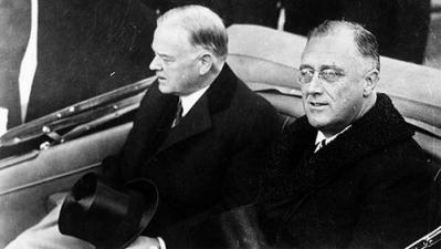 Roosevelt and Hoover on Inauguration Day, 1933. Library of Congress.