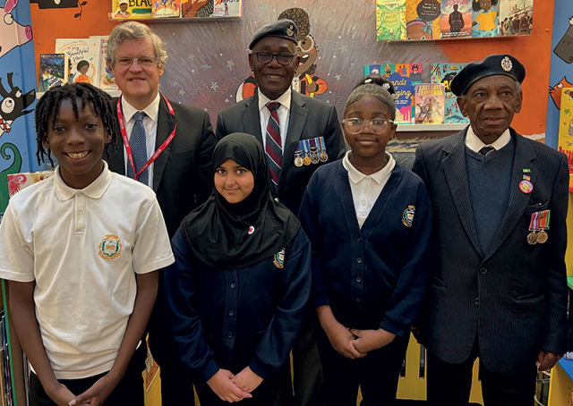 Welford Primary School pupils stand with Prince Albert ‘Jake’ Jacob on the right of the picture. The author and another RAF veteran, Donald Campbell, stand at the back.