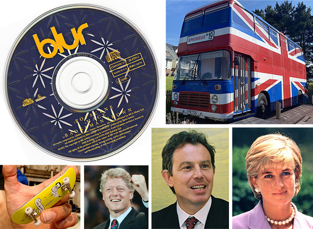 1990s collage: top row: Blur - Popscene CD Single (Juan Pop Gamer, CC BY-SA 4.0); The Spicebus from 'Spiceworld' (Editor5807, CC BY-SA 4.0); Bottom row: Valerij Müller, Indy Grab (finger skateboard; Fabian Schreiter, CC BY-SA 2.0); Bill Clinton, Oct 1992 (Kenneth C. Zirkel, CC BY-SA 4.0); Tony Blair in 1997 (© European Communities, CC BY-SA 4.0); Princess Diana 1997 (© John Mathew Smith 2010, CC BY-SA 2.0)