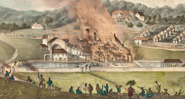 Destruction of the Roehampton Estate, January 1832, during the slave rebellion called Baptist War, by Adolphe Duperly. Wikimedia. Public Domain.